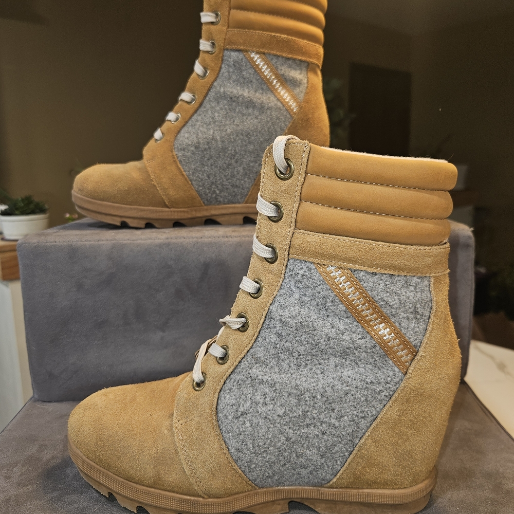 Serra Tan and Gray Lace Up Boots - Picture 2 of 9